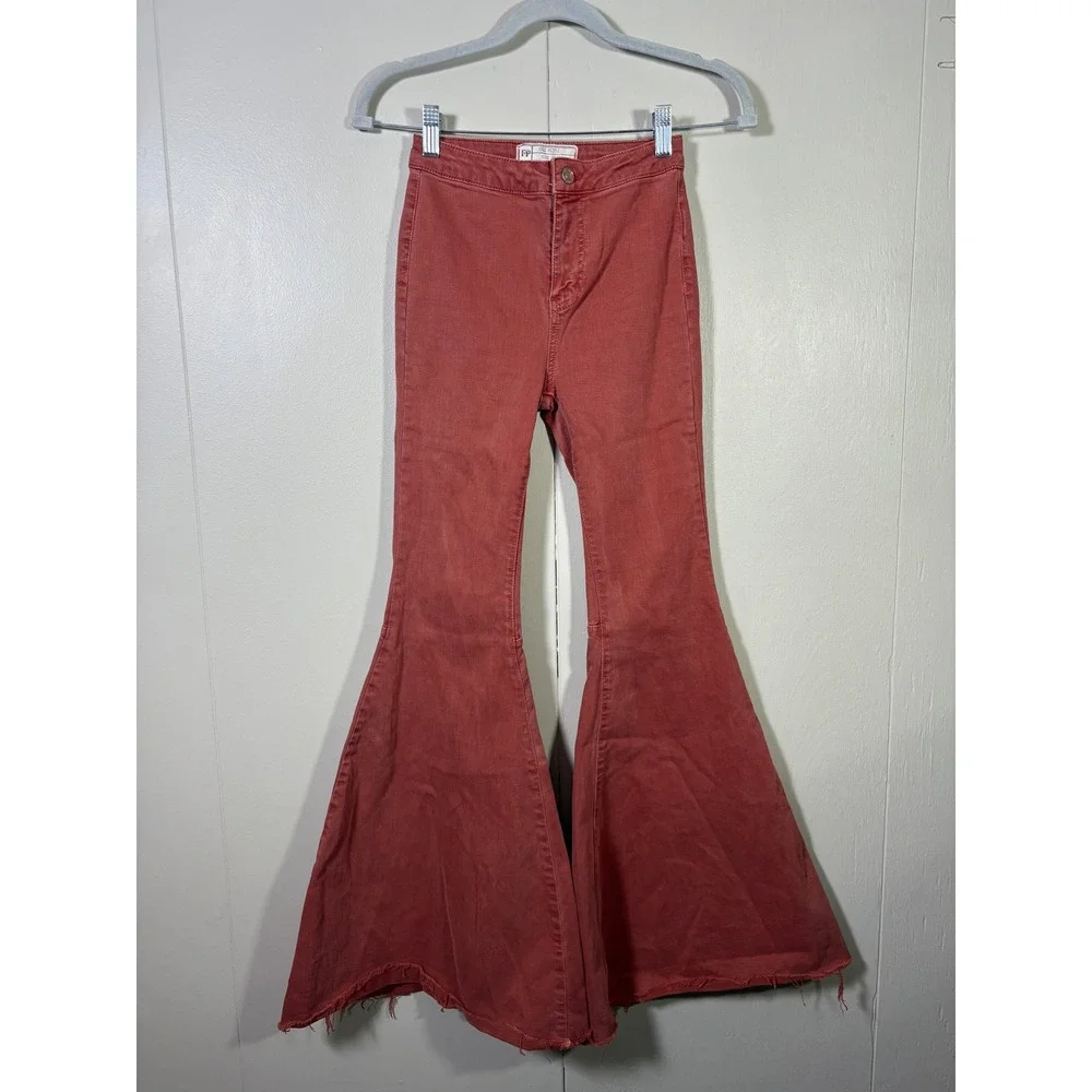 Free People Super Flare Jeans Rust Red High Rise Bell Bottoms 24R 70s Hippie